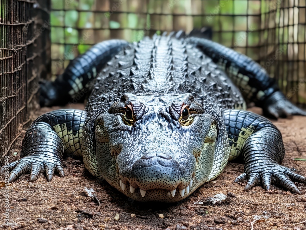 Poster close-up of a large crocodilian lying in a natural habitat with detailed scales and textures in a ca