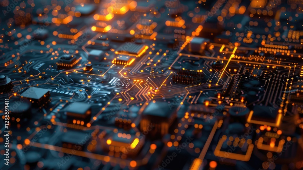 Poster glowing orange circuit board with detailed lines and patterns on a dark background. digital art for 