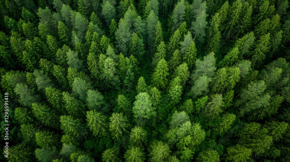 Poster Aerial view of a dense forest filled with lush green trees showcasing nature's vibrant colors : Generative AI