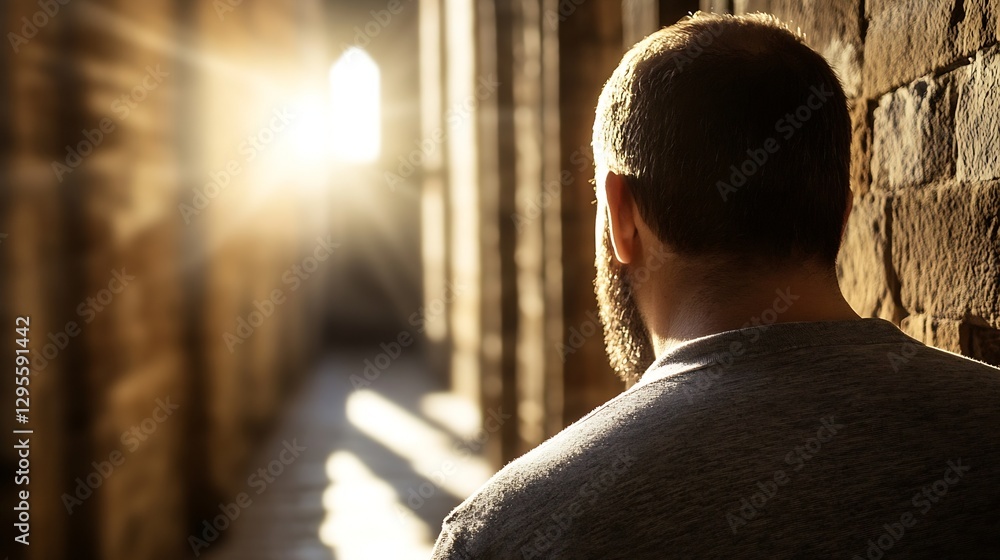 Aufkleber Man Standing in a Hallway with Sunlight Creating Beautiful Patterns : Generative AI
