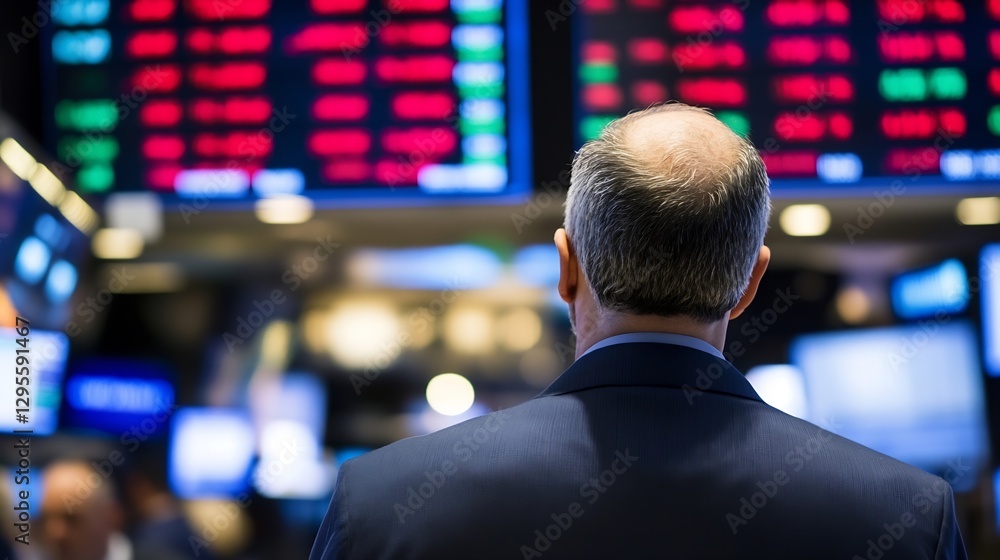 Poster businessman observing stock market data on large screens in a trading environment : generative ai