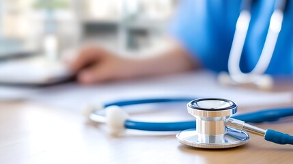 Stethoscope on a desk in a healthcare setting symbolizing medical professionalism and patient care : Generative AI