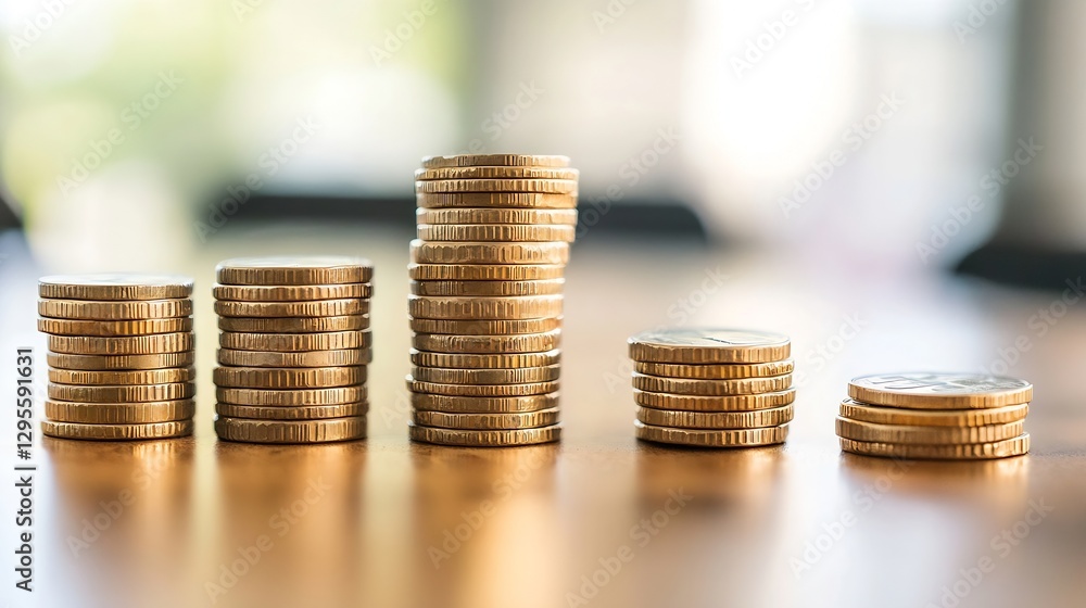 Fototapete stacks of shiny gold coins showcased on a table with a blurred background reflecting wealth and succ