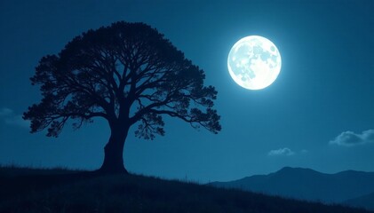 Dark, stark tree silhouette against moonlit sky, night, branches