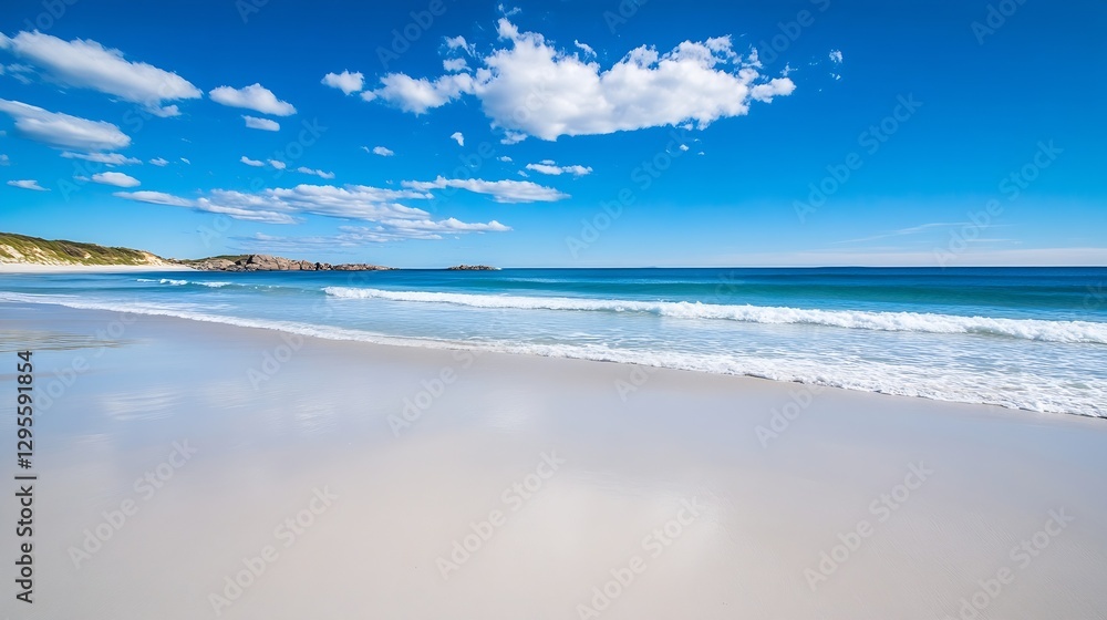Poster beautiful beach scene featuring soft sand and vibrant blue sky with fluffy clouds : generative ai
