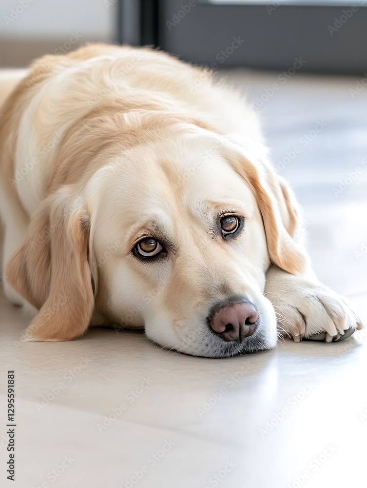 Poster a sleepy golden labrador lies on a smooth floor looking subtly towards the camera with soulful eyes 