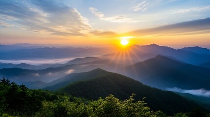 Obraz premium Breathtaking Sunrise Over Layered Mountains with Fog and Lush Greenery : Generative AI