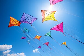 Brightly colored kites flying high in the beautiful blue sky