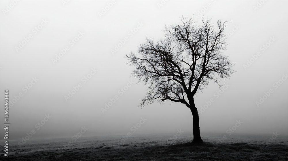 Poster solitary tree silhouetted against a foggy landscape creating a haunting and tranquil atmosphere for 