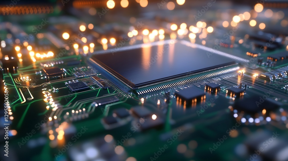 Poster High resolution macro image of a computer motherboard showcasing microchips and LED lights : Generative AI