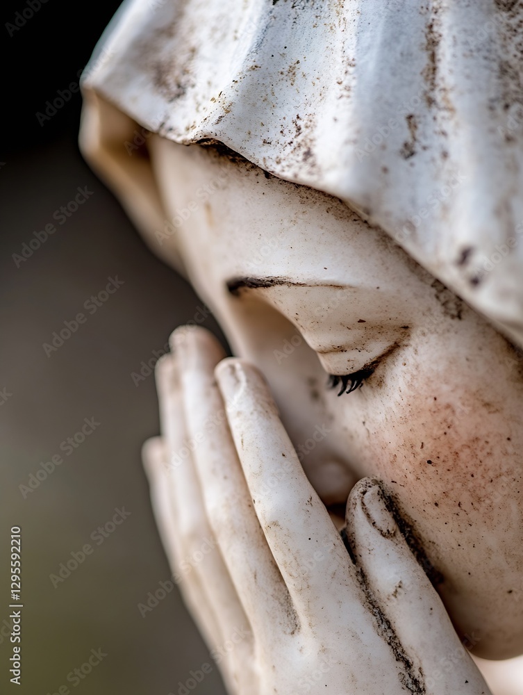 Poster detailed close up of a praying statue capturing the emotion in the face of a religious figure in sof