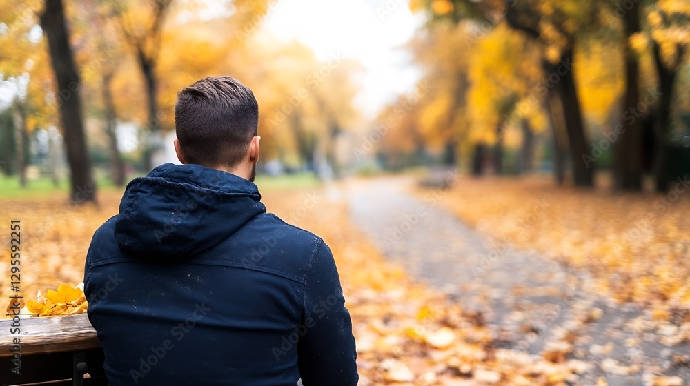 Poster man sitting on a bench surrounded by vibrant autumn foliage in a serene park : generative ai