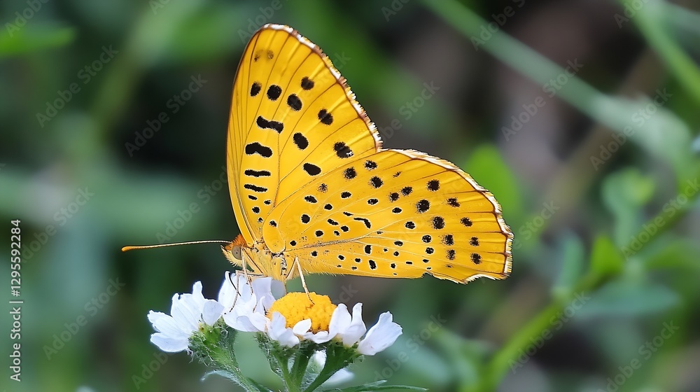 Poster close up of a vibrant yellow butterfly resting on a white flower in a natural setting : generative a