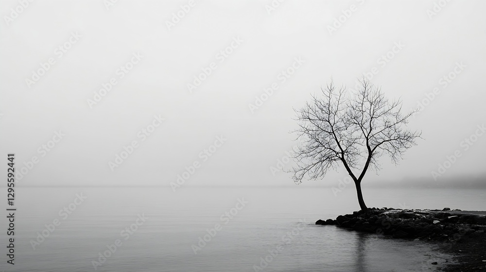 Aufkleber Lonely tree on the shore shrouded in mist representing solitude and isolation : Generative AI