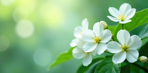Fototapeta premium Fragrant white flowers, delicate petals, green leaves, botanical, foliage