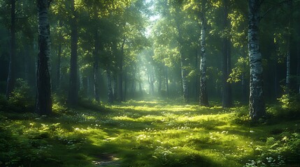 Obraz premium Sunlit Birch Forest Path, Morning Mist, Fantasy Background, Game Asset