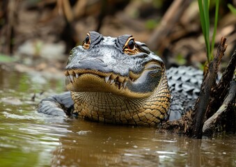 Fototapeta premium Close-Up of a Majestic Alligator Emerging from a Serene Swamp Environment in the Heart of Nature's Untamed Wilderness