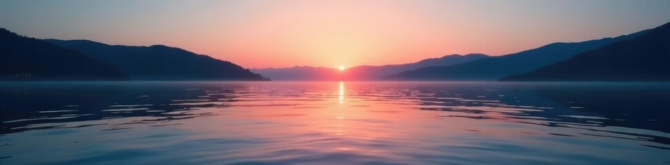 Fototapeta premium Gentle ripples disturb the lake's calm surface at dusk, calm,