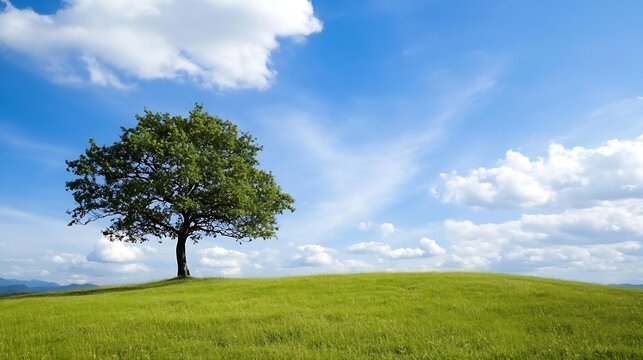 Single green tree on a vibrant grassy hill under a bright blue sky with fluffy clouds representing nature and tranquility : Generative AI