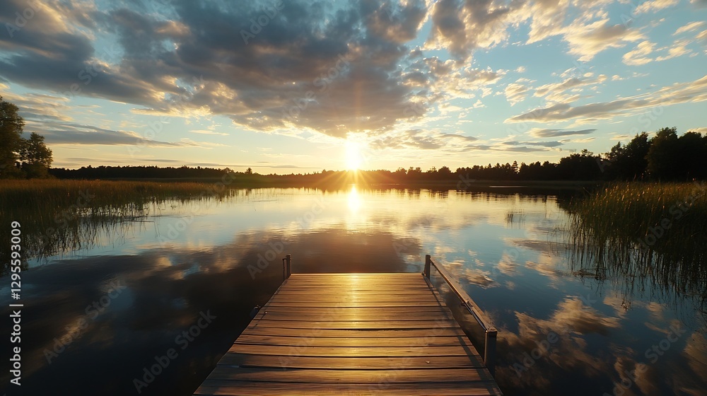 Poster serene sunset over calm lake with reflections of clouds and wooden dock : generative ai