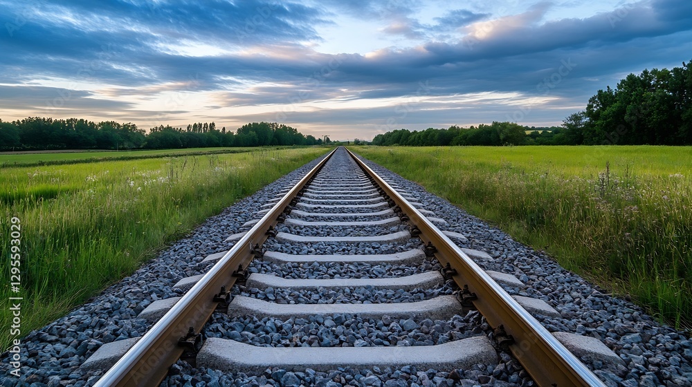 Poster straight view of railroad tracks leading through lush green fields under a cloudy evening sky : gene