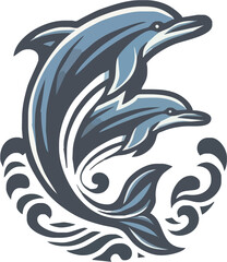 Two stylized dolphins playfully jumping above ocean waves in a vibrant aquatic scene