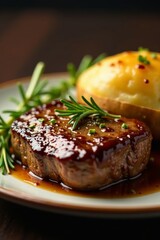Sizzling beef, fluffy baked potato, rosemary sprigs, organic, hot