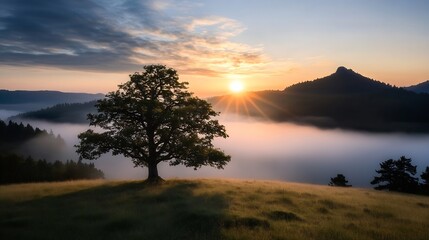 Solitary tree against a stunning sunrise backdrop with mist rolling over the valley : Generative AI