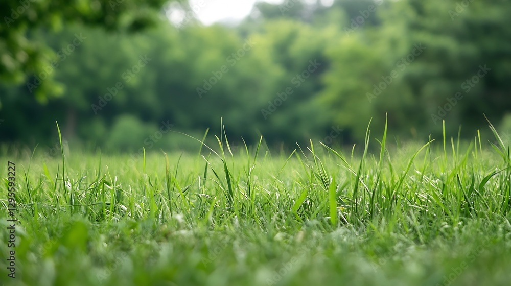 Poster Lush green grass field with soft focus background and trees under the sunlight : Generative AI