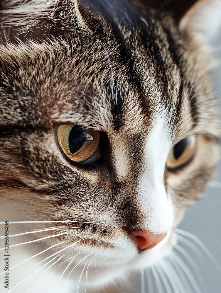 Poster close up photography of a tabby cat emphasizing its beautiful eyes and whiskers : generative ai