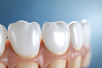 Oral care gum protection essential. Close-up of artificial teeth on a dental model against a blurred background.