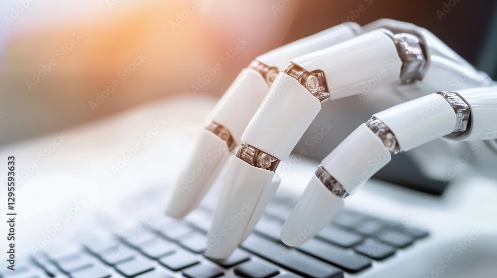 Poster Futuristic robotic hand keyboard typing reflecting technology and innovation in modern workspace : Generative AI