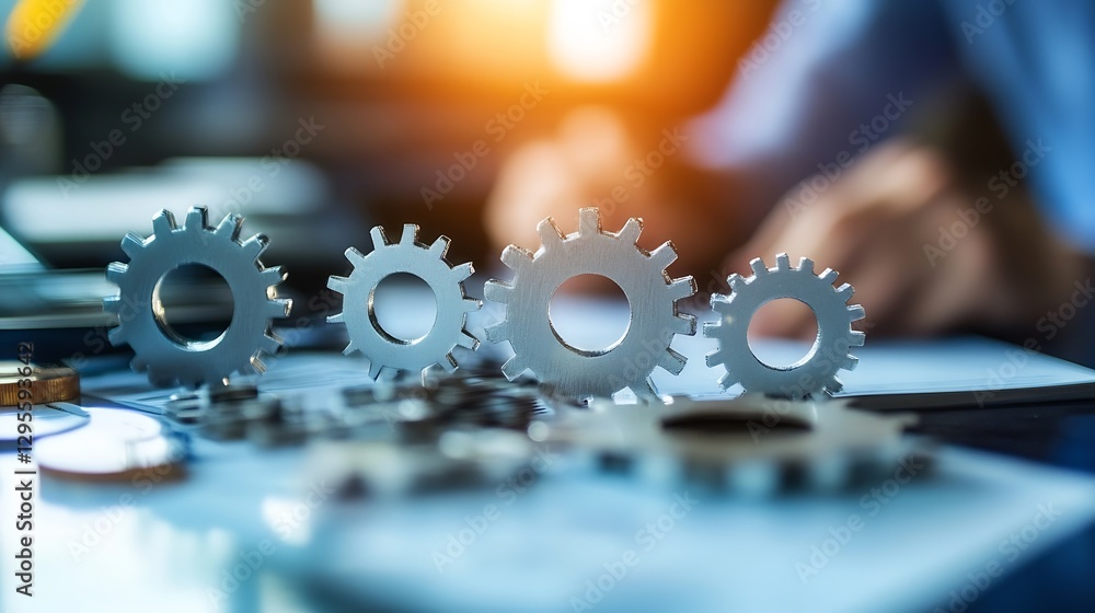 Aufkleber Close up of several metal gears on a desk illustrating mechanical engineering concepts and productivity : Generative AI