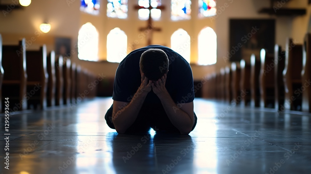 Aufkleber individual in a church exhibiting deep emotion while kneeling on the floor representing vulnerabilit