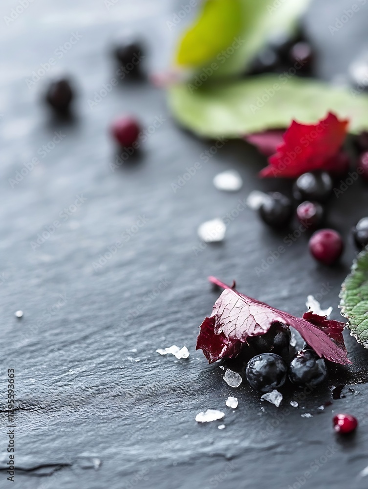 Aufkleber artistic arrangement of fresh black berries and colorful leaves on a dark slate surface for a creati