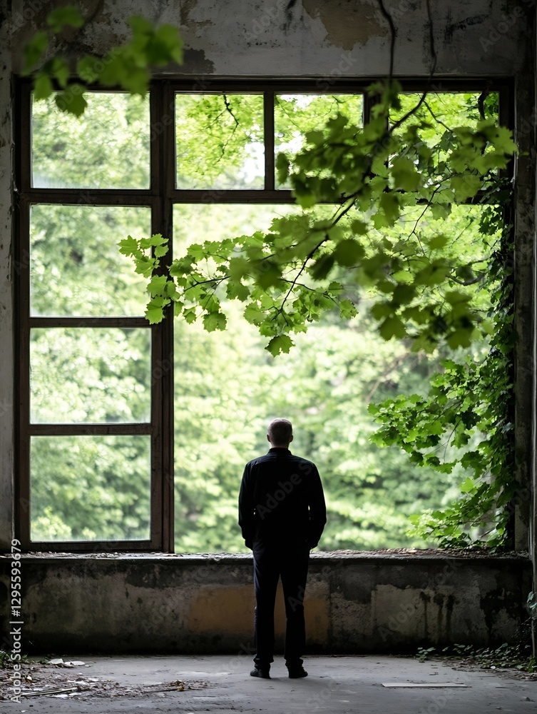 Poster lonely figure standing near a large window surrounded by greenery evoking deep contemplation and ser