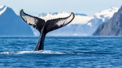 Obraz premium Majestic Whale Tail Emerging From Crystal Clear Ocean Waters Against A Backdrop Of Snowy Mountains : Generative AI