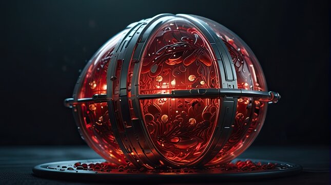 Metallic sphere with glowing red details and intricate patterns is the subject of this futuristic illustration with a dark background