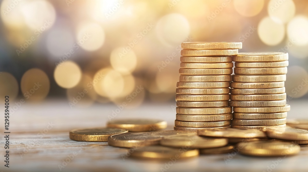 Aufkleber Stack of golden coins with blurred light background representing investment and finance : Generative AI