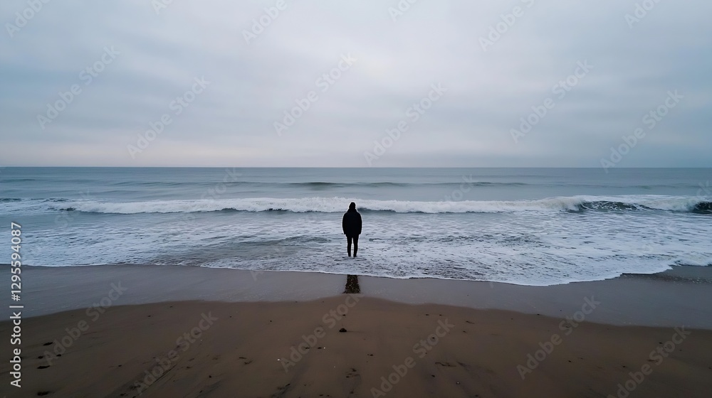 Poster solitary figure standing on a deserted beach gazing at the ocean waves with a calming and reflective