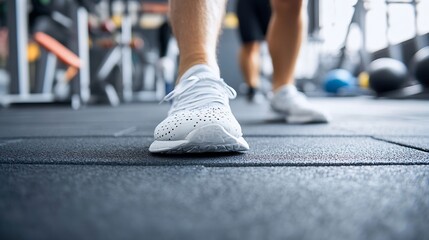 Fototapeta premium CloseUp of White Athletic Shoe Walking on Gym Floor During Workout Session : Generative AI