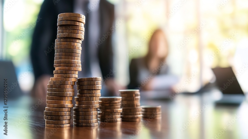 Aufkleber stacks of coins representing wealth accumulation and financial success in a modern business environm