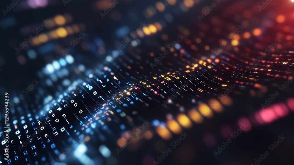 Leinwandbilder Abstract digital landscape with flowing lines of bright colorful data lights against a dark background : Generative AI