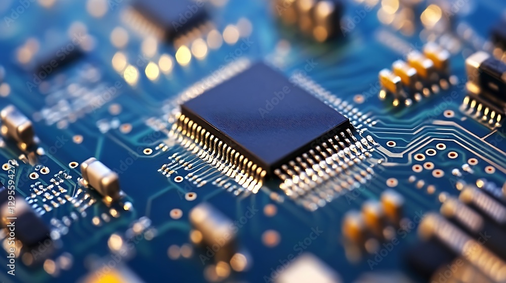 Aufkleber Close Up of HighTech Circuit Board with Microprocessor and Electronic Components : Generative AI