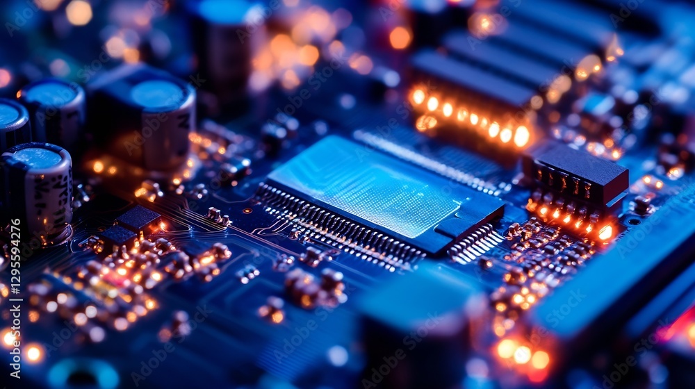 Fototapete Detailed view of a vibrant circuit board with modern microchips and glowing components : Generative AI