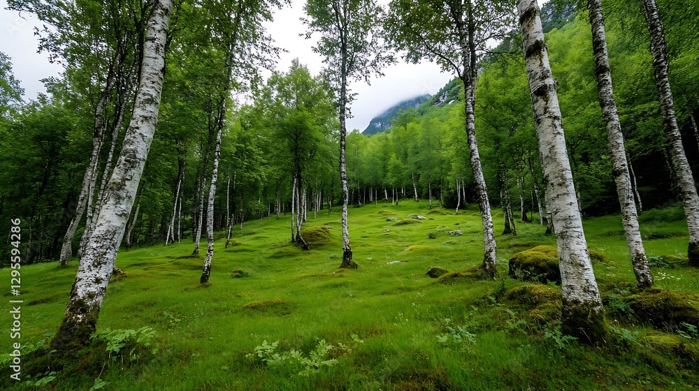 Poster lush green landscape with tall birch trees in a serene woodland setting : generative ai