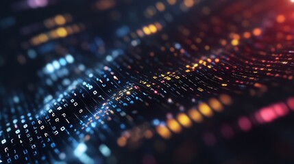 Abstract digital landscape with flowing lines of bright colorful data lights against a dark background : Generative AI