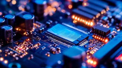 Fototapeta premium Detailed view of a vibrant circuit board with modern microchips and glowing components : Generative AI