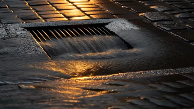 Urban storm drain flowing at dusk