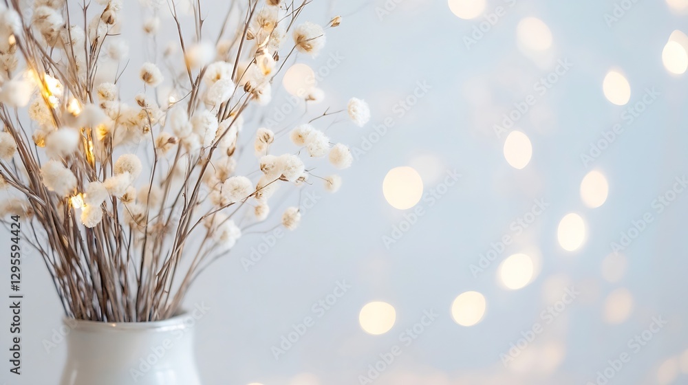 Poster delicate flower arrangement in a vase with twinkling lights in the background : generative ai